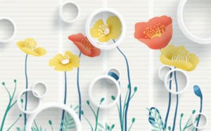 Modern 3D Floral Circle Wallpaper | Red & Yellow Flower Wall Design | Dacorz