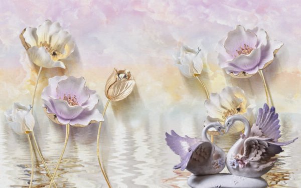 Luxury 3D Swan & Floral Wallpaper | Romantic Purple Flower Wall Design | Dacorz
