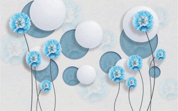 Elegant 3D Floral Wallpaper | Blue Flower & Circle Design | Dacorz
