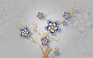 Luxury 3D Crystal Floral Wallpaper | Golden Branch & Blue Flower Design | Dacorz