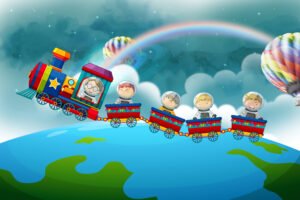 Magical Space Train Adventure Illustration for Kids Room Decor and Educational Art