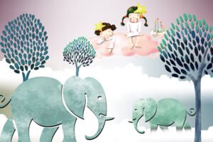 Whimsical Elephant Dream Adventure Illustration for Kids Room and Nursery Decor
