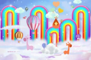 Magical Rainbow Cloud Adventure Illustration for Whimsical Kids Wall Art