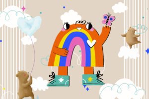 Whimsical Rainbow Character and Bear Adventure Illustration for Kids Wall Art