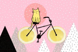 Whimsical Cat on Lemon Bicycle Illustration for Modern Kids Wall Art