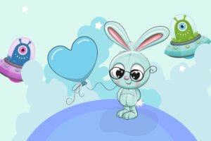 Adorable Space Bunny and Alien Friends Illustration for Kids Room Decor and Creative Art