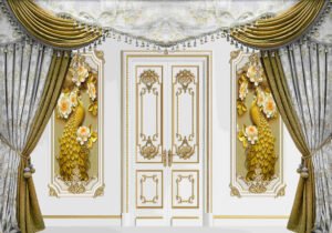 Royal White & Gold Door Mural with Majestic Golden Peacocks and Elegant Velvet Drapes / ceiling wallpaper