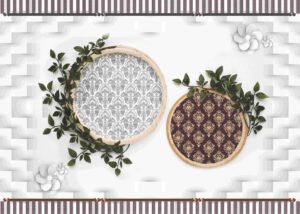 Luxury 3D Damask Mural with Ornate Circular Frames, Botanical Vine Accents & Striped Border / ceiling wallpaper