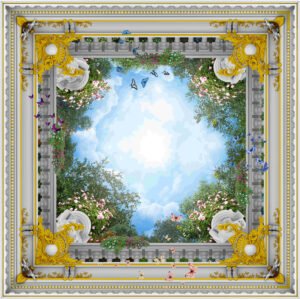 Luxury 3D Open Sky Ceiling Mural with Royal Gold Filigree, Garden Flowers & Butterflies / ceiling wallpaper