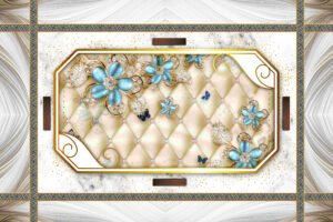 Luxury 3D Jewel-Toned Floral Mural with Tufted Cream Leather and Gold Accents / ceiling wallpaper
