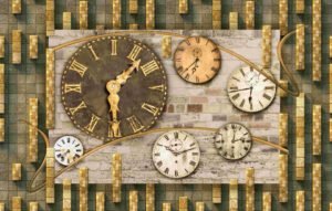 Vintage Industrial 3D Mural with Antique Clocks and Textured Stone Brick Background / ceiling wallpaper