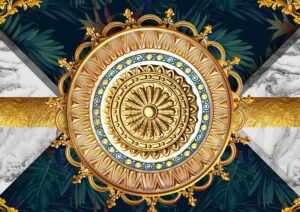 Royal Golden Mandala Mural with Marble & Tropical Emerald Leaf Background / ceiling wallpaper