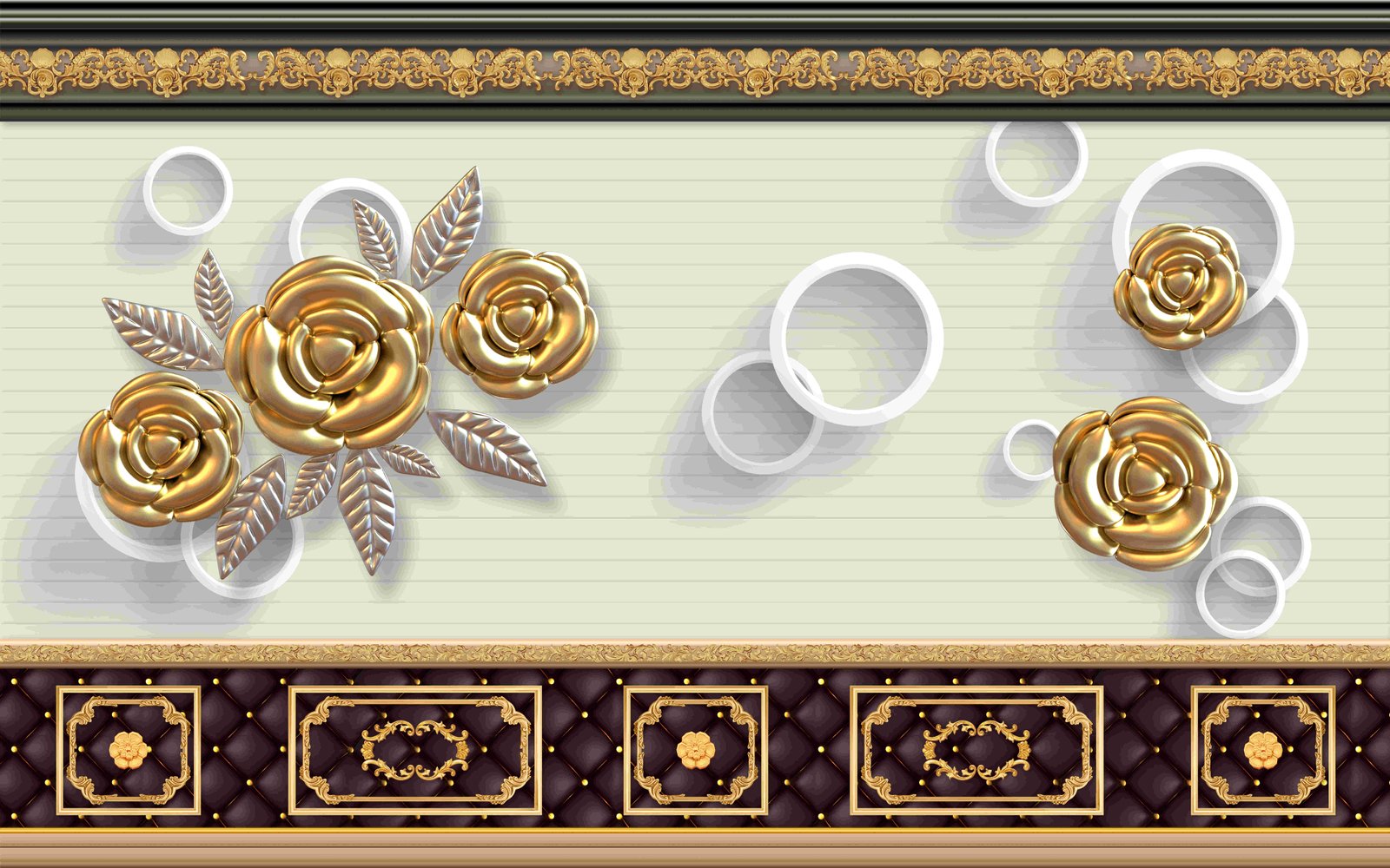 Luxury 3D Golden Rose Mural with Ornate Royal Borders & White Ring Accents / ceiling wallpaper