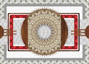 Luxury 3D Ornate Gold Mandala Mural with Red Tufted Leather & Wood Accents / ceiling wallpaper