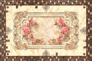 Vintage Royal Pink Rose Mural with Ornate Golden Frame & 3D Wood Block Border / ceiling wallpaper